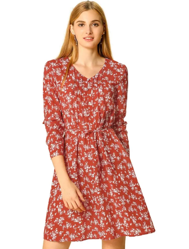 Allegra K V Neck Pleated Detail Belted Floral Dress sold by Allegra K