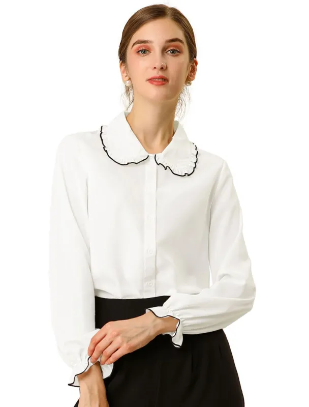 Women's Sweet Ruffle Peter Pan Collar Long Sleeves Button Up Shirt sold by Allegra K