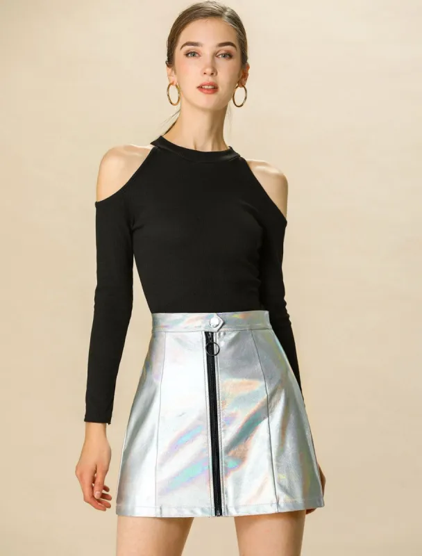 Allegra K Metallic Mini Skirt with Zipper Front sold by Allegra K