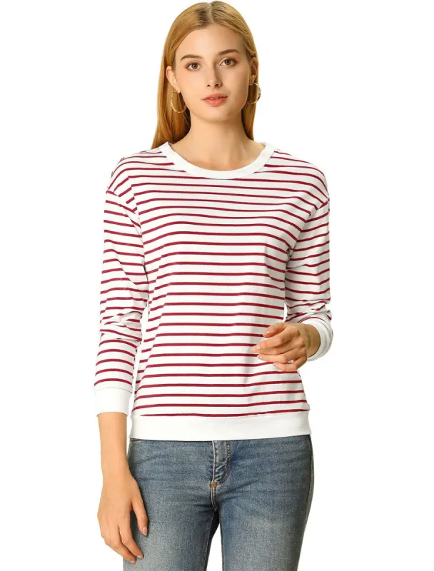 Allegra K Basic Long Sleeve Crew Neck Contrast Striped T-Shirt sold by Allegra K