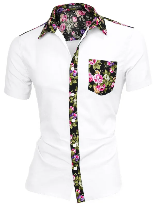 1310 8838 Men Summer Floral Print Pocket Short Sleeve Button Down Hawaiian Shirt sold by Allegra K