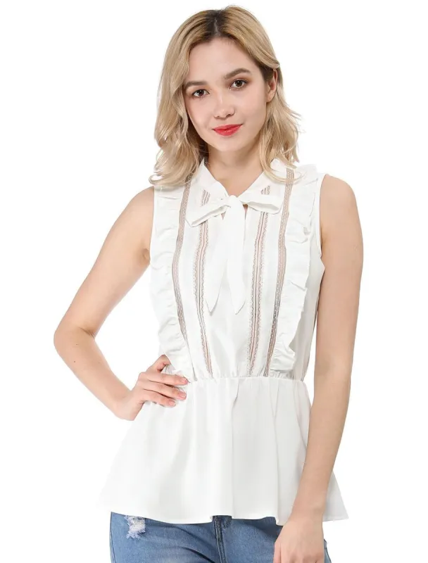 Allegra K Lace Sleeveless Tops Ruffle Tie Neck Sheer Mesh Peplum Shirt sold by Allegra K