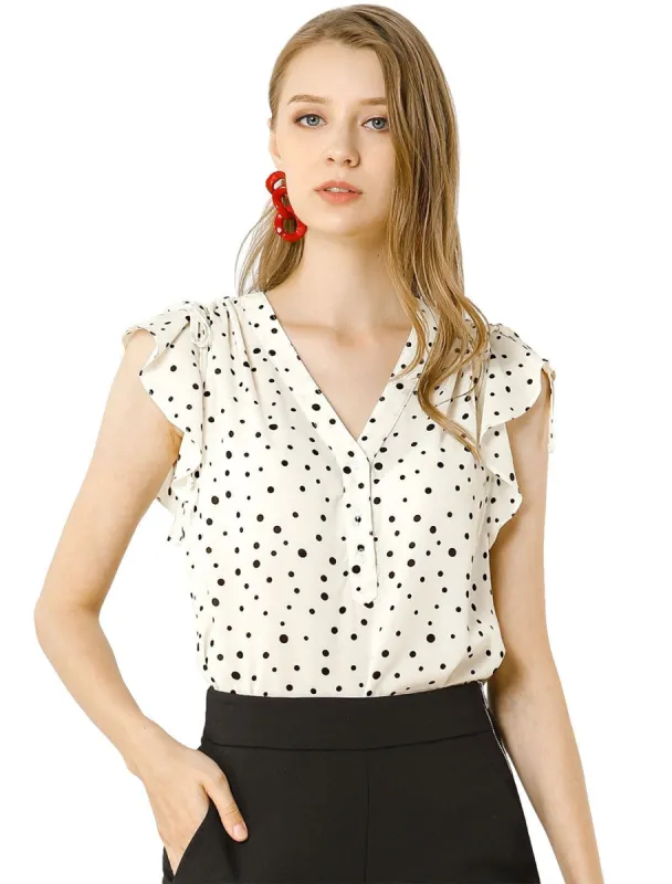 Women's Chiffon Ruffle Flutter Sleeves Half Placket V Neck Dot Print Blouse Top sold by Allegra K