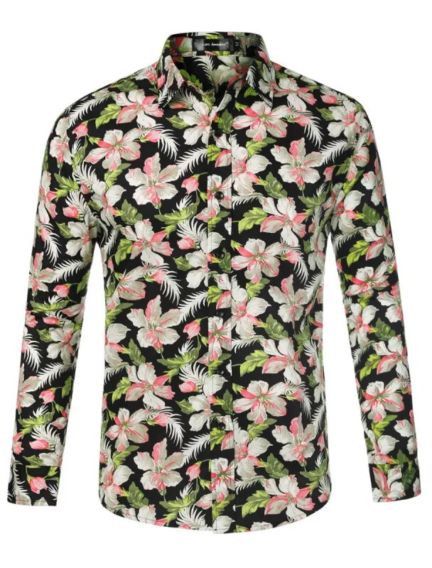 Men Floral Button Down Long Sleeve Aloha Hawaiian Palm Flower Printed Shirt sold by Allegra K