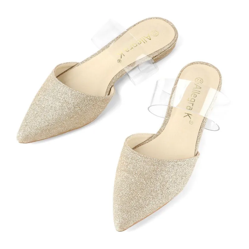 Women's Pointed Toe Glitter Clear Strap Block Heel Sandals sold by Allegra K