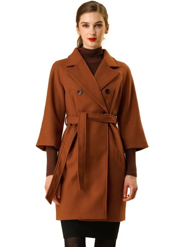 Allegra K Notched Lapel Double Breasted Belted Coat with 3/4 Raglan Sleeves sold by Allegra K