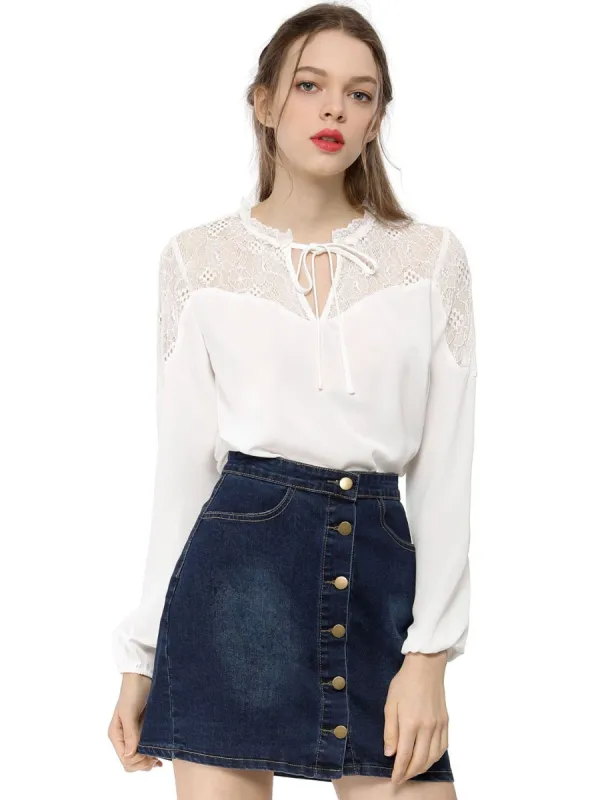 Allegra K Elegant Long Sleeve Lace Panel Keyhole Strap Chiffon Blouse sold by Allegra K