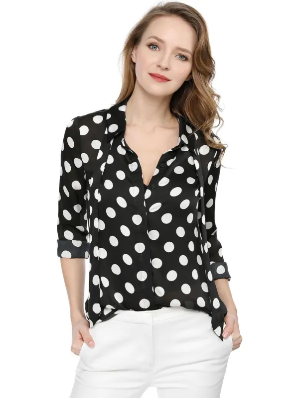 Allegra K Tie Neck Button Down Polka Dot Shirt sold by Allegra K