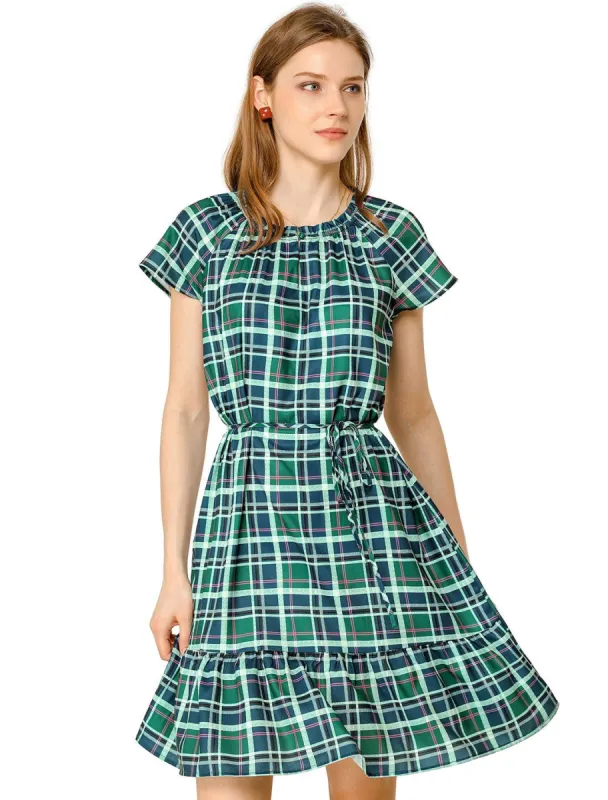 Women's Plaid Ruffle Dress Raglan Sleeve Tie Waist Belted Dresses sold by Allegra K