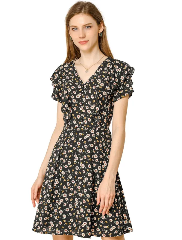 Women's Floral Print A-Line V Neck Ruffle Dress sold by Allegra K