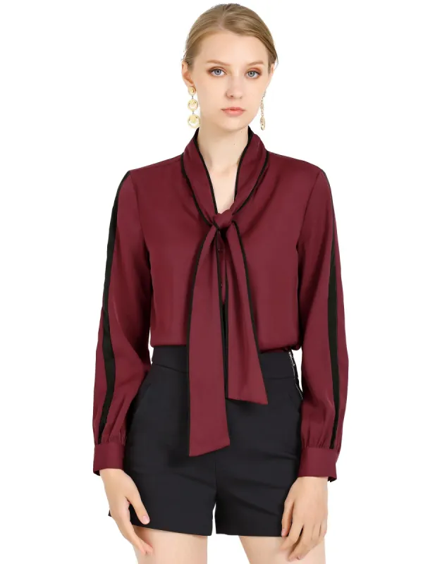 Women's Tie Bow Neck Contrast Trim Long Sleeve Office Blouse Top sold by Allegra K