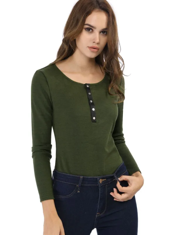 Allegra K Long Sleeves Henley Ribbed Knit Top sold by Allegra K