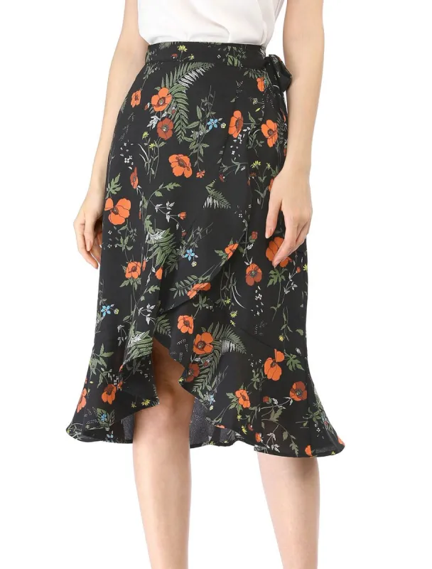 Women Ruffle Skirt Tie Waist High Low Floral Wrap Skirt sold by Allegra K