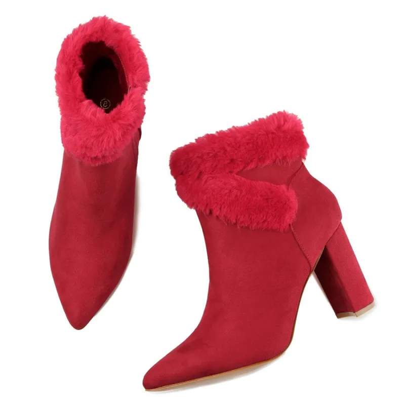 Women's Faux Fur Pointed Toe Chunky Heel  Ankle Boots sold by Allegra K