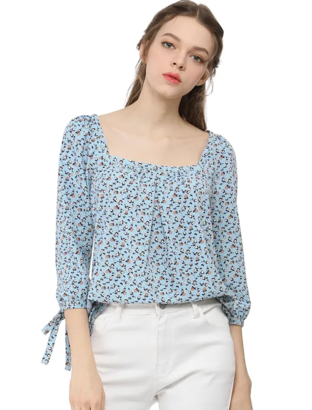 Women's Tie Cuffs 3/4 Sleeves Square Neck Floral Blouse sold by Allegra K