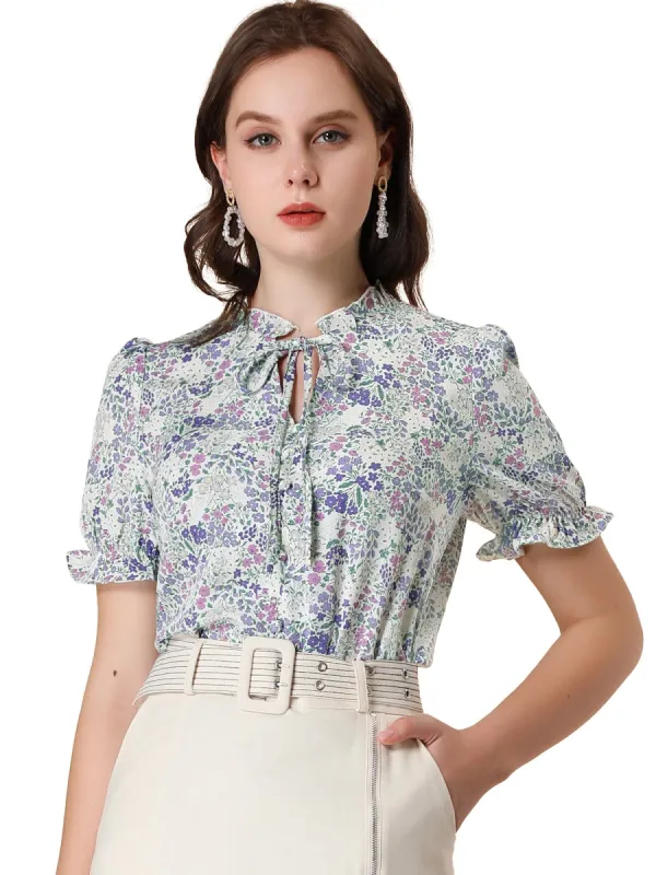 Women's Ruffle Neck Tie Neck Floral Short Sleeve Work Shirt sold by Allegra K