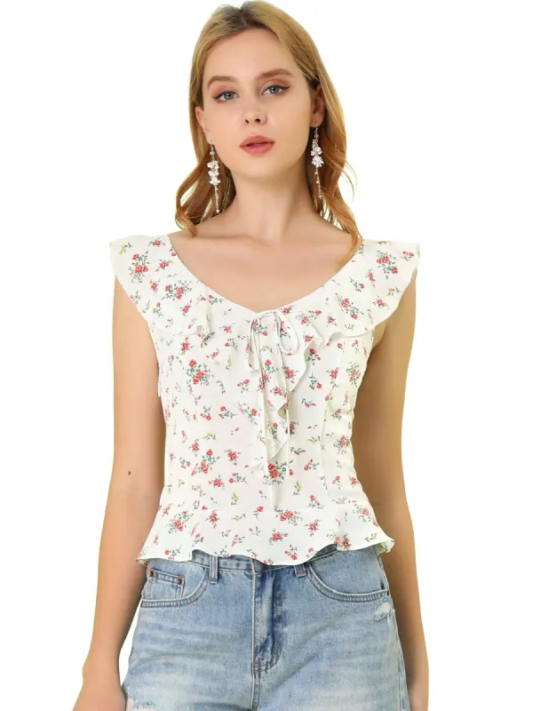 Women's Sleeveless Bow Tie Scoop Neck Ruffle Cropped Floral Top made by Allegra K