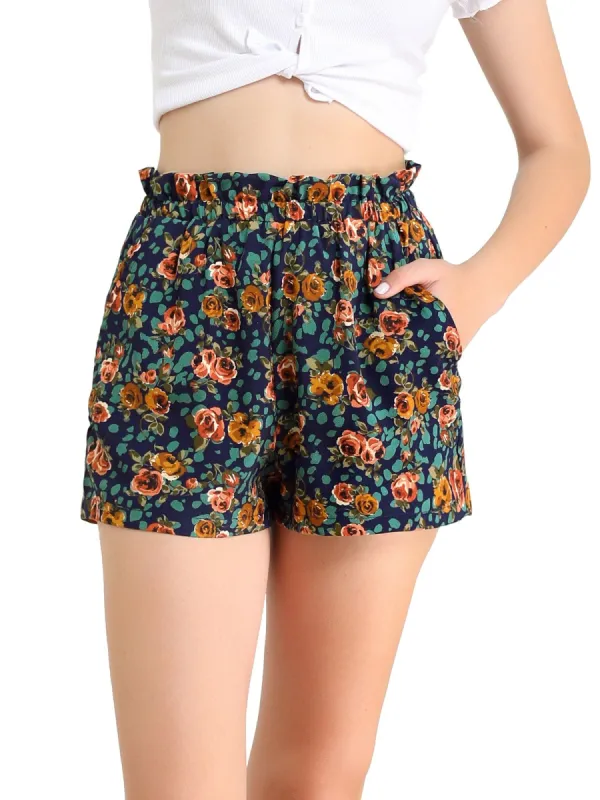 Women's Summer Elastic Waist Rose Floral Shorts made by Allegra K