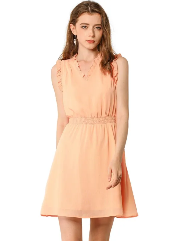 Women's Sleeveless Ruffle V Neck Chiffon Smocked Waist A-Line Dress sold by Allegra K
