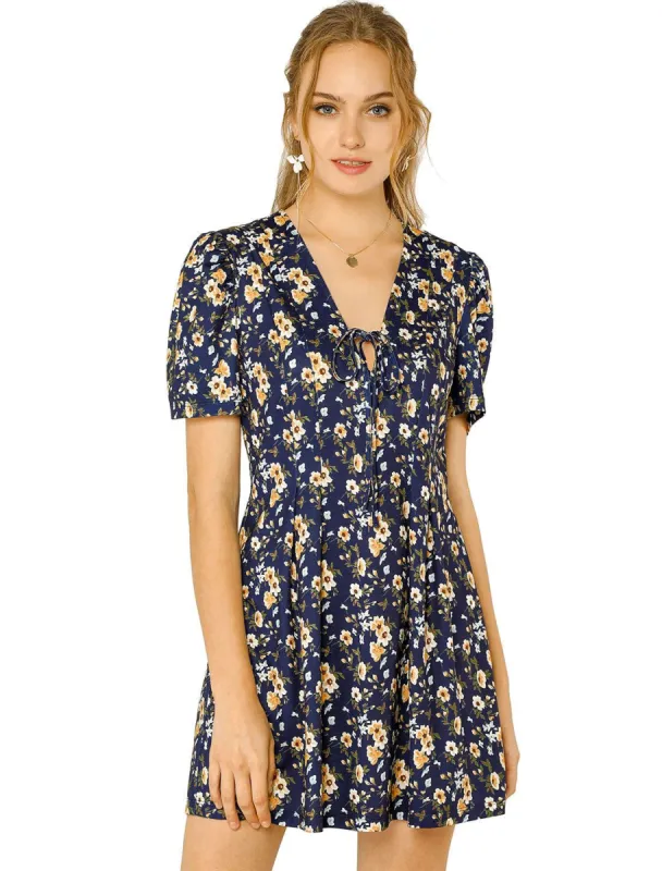 Women's Summer Sundress V Neck Tie Front Puff Sleeves Floral Short Mini Dress sold by Allegra K