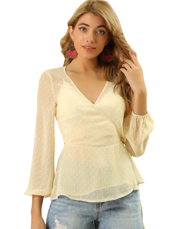 Women's Swiss Dots Tie Front Sheer Summer V Neck Blouse Shirts sold by Allegra K