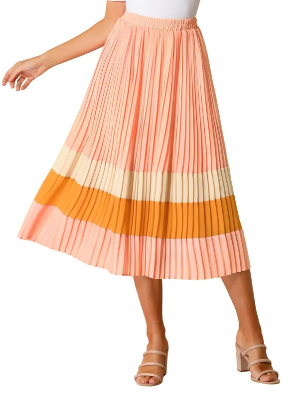 Women's Color Block Elastic Waist A-Line Chiffon Pleated Midi Skirt sold by Allegra K