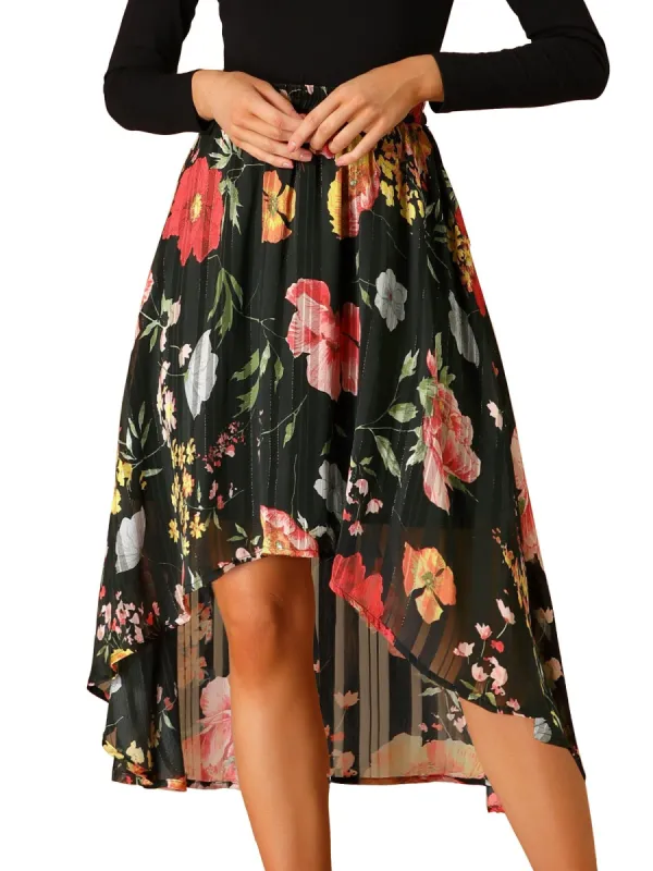 Women's High Low Hem Elastic Waist Lurex Chiffon A-Line Midi Floral Skirt sold by Allegra K