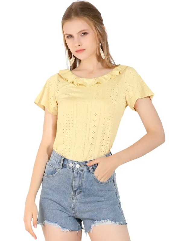 Women's T-shirt Ruffle Neck Short Sleeve Blouse Top sold by Allegra K