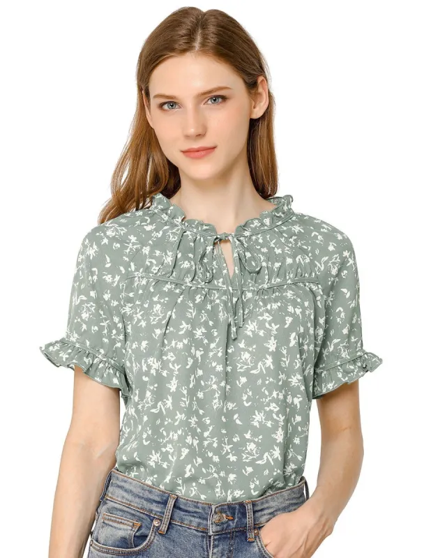 Women's Floral Tie Neck Ruffle Short Sleeves Peasant Blouse Top sold by Allegra K