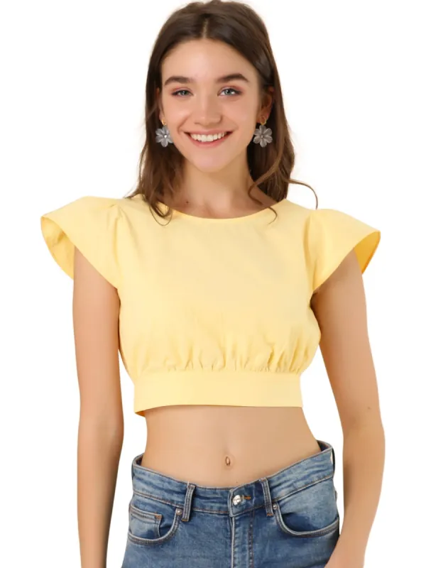 Women's Summer Ruched Tie Front Causal Flare Sleeve V Neck Crop Top sold by Allegra K