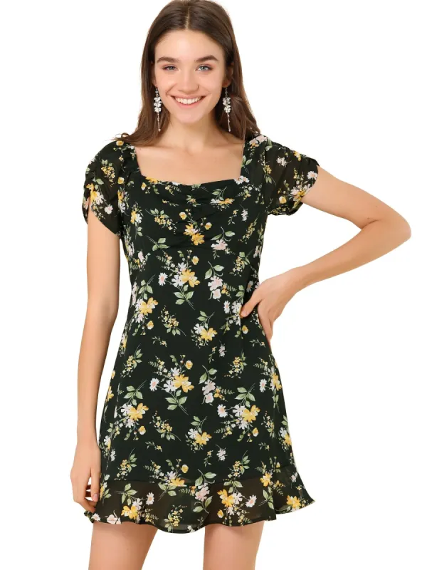 Women's Puff Short Sleeve Ruched Ruffle Hem Floral Dress sold by Allegra K