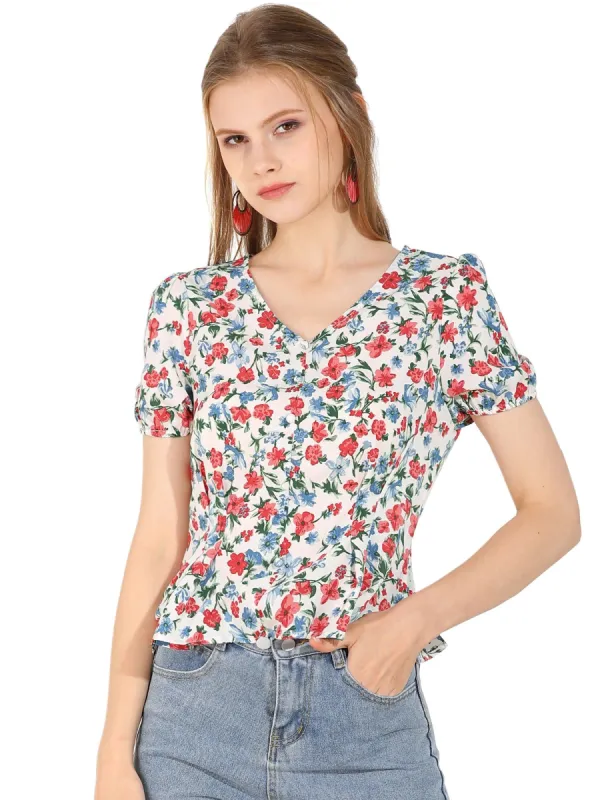 Women's Floral Printed Blouse V Neck Button Decor Peplum Tops sold by Allegra K