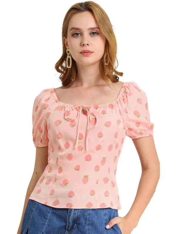 Women's Square Neck Tie Fruit Bubble Sleeve Summer Crop Vintage Blouse sold by Allegra K