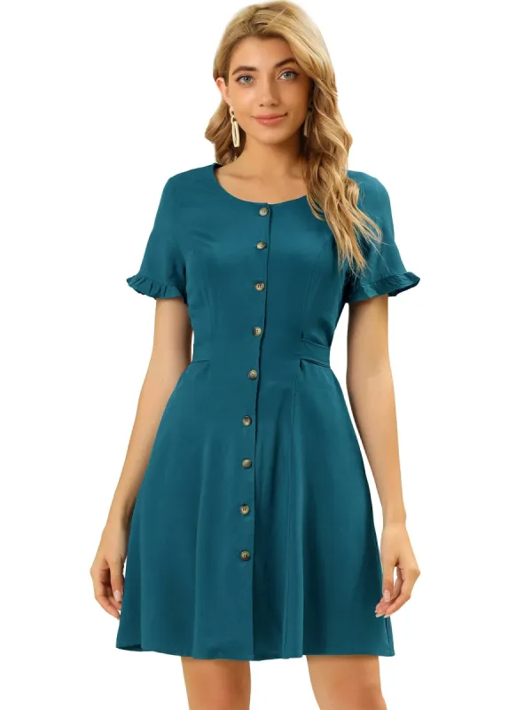 Women's Ruffle Sleeve Shirtdress Belted A-Line Button Front Shirt Dress sold by Allegra K