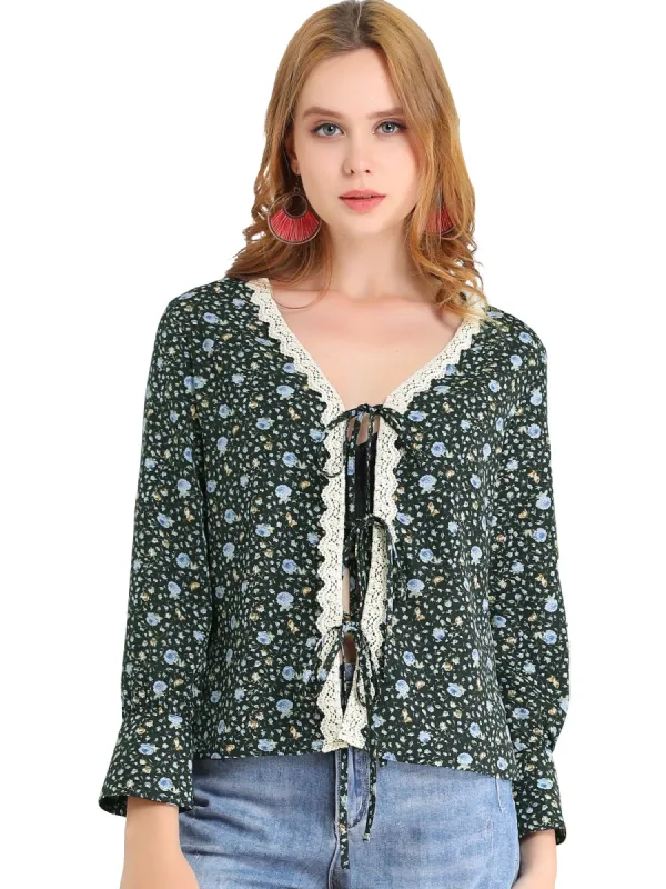 Women's Floral Print Tie Up Open Front Scalloped Lace Trim Long Sleeve Top sold by Allegra K