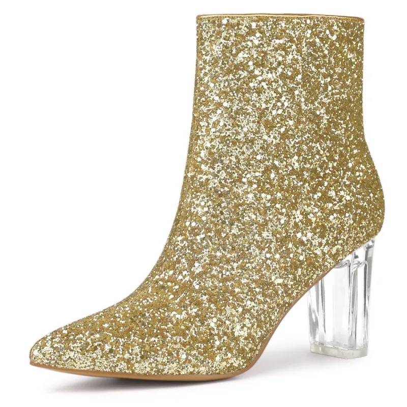 Women's Clear Block Heel Glitter Ankle Boots sold by Allegra K