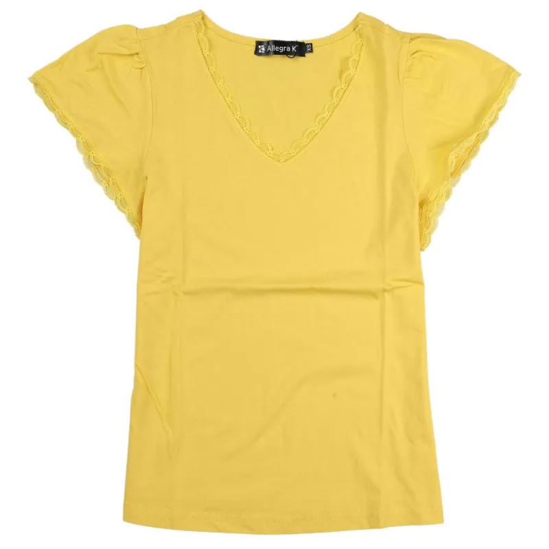 Women's Flare Sleeve Blouses Casual V Neck Solid Color Scalloped Lace Trim Tops sold by Allegra K