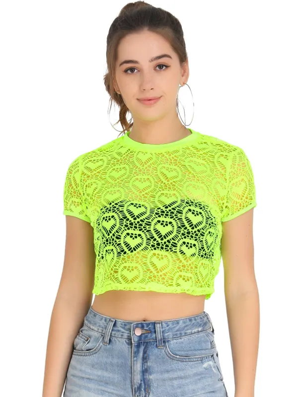 Women's Sheer Mesh Short Sleeve Round Neck Sport Heart Pattern Top Blouse sold by Allegra K