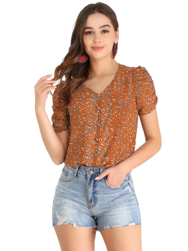 Women's Button Front Shirt Puff Short Sleeves Chiffon Floral Top sold by Allegra K