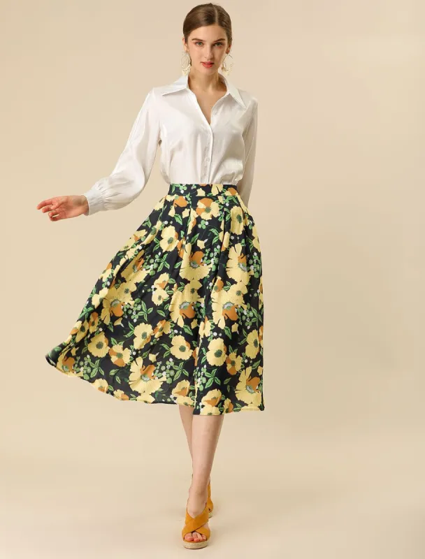 Summer Elastic High Waist Pleated A-Line Midi Floral Skirt sold by Allegra K