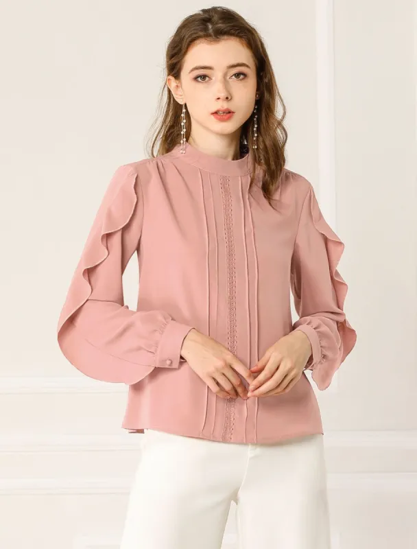 Mock Neck Work Chiffon Long Ruffled Sleeve Pleated Blouse sold by Allegra K