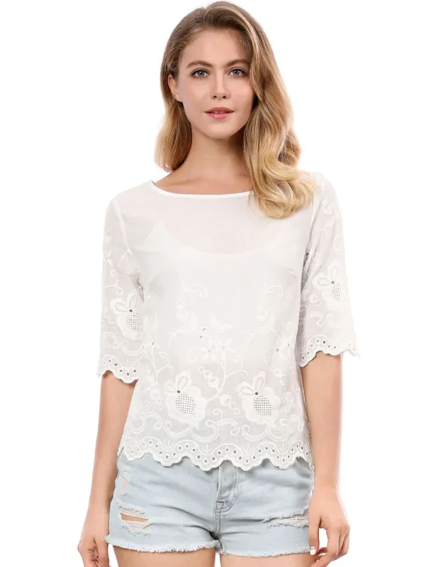 Elbow Sleeve Round Neck Embroidery Blouse sold by Allegra K