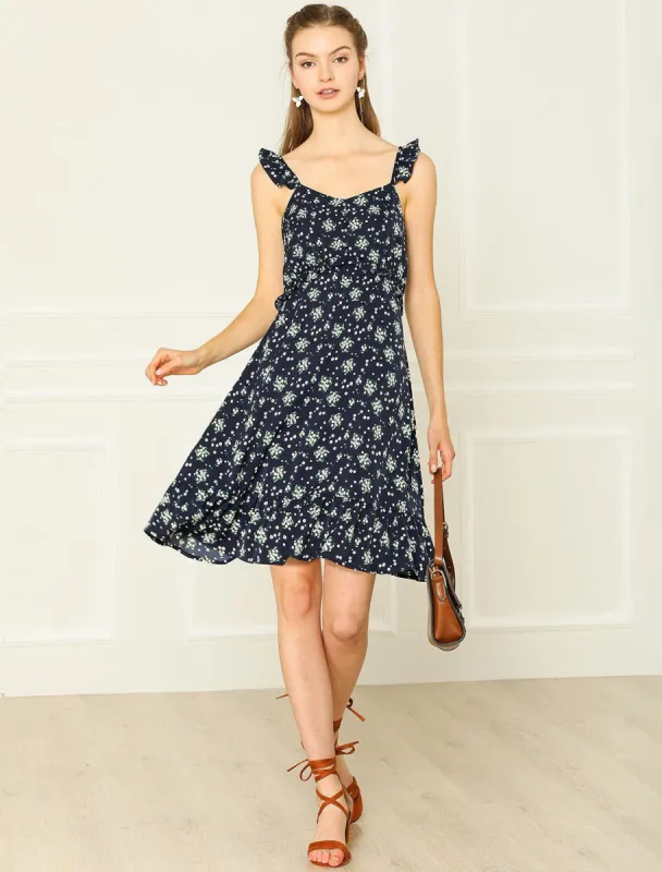 Summer Floral Spaghetti Strap Ruffle Chiffon Beach Flowy Dress sold by Allegra K
