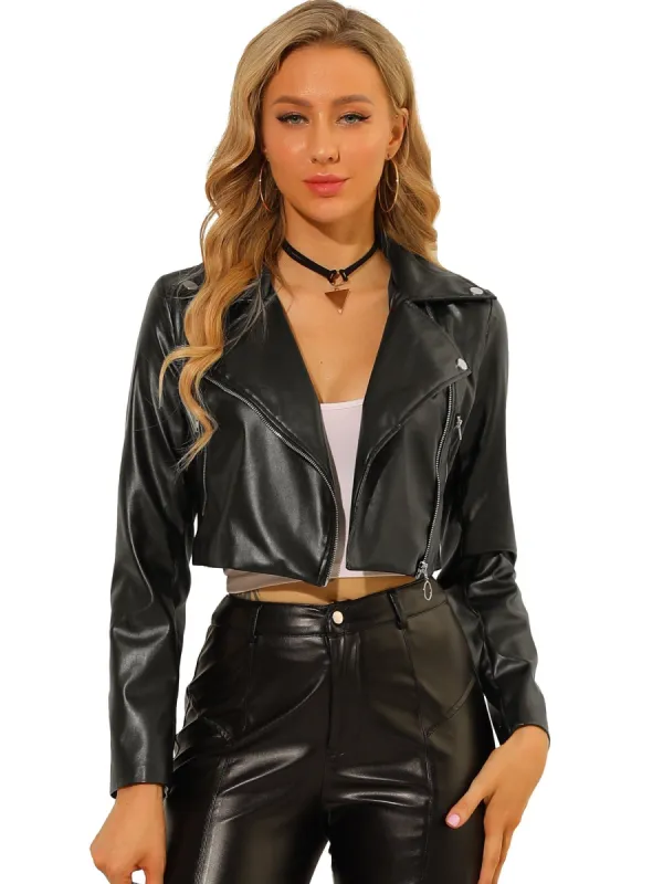 Women's Faux Leather Long Sleeve PU Zipper Cropped Biker Jacket sold by Allegra K
