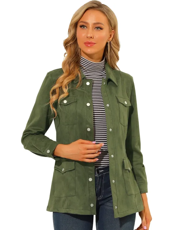 Women's Faux Suede Jacket Turn-Down Collar Flap Pockets Button Down Moto Biker Coat sold by Allegra K