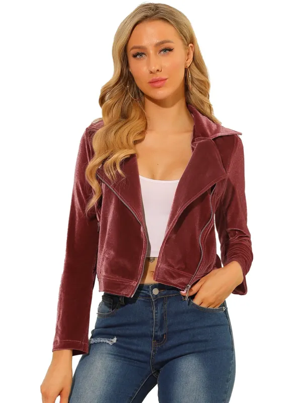 Women's Velvet Zipper Lapel Collar Moto Biker Jacket sold by Allegra K