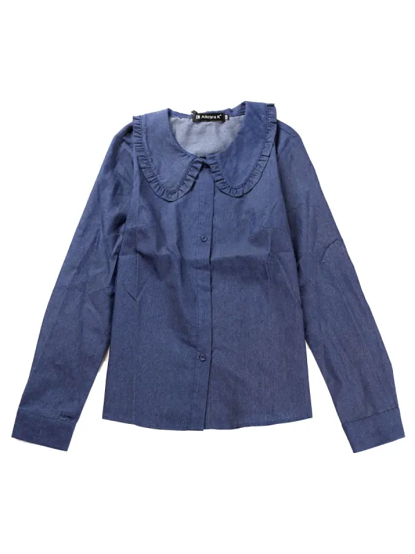 Women's Peter Pan Collar Ruffled Button Down Denim Shirt sold by Allegra K