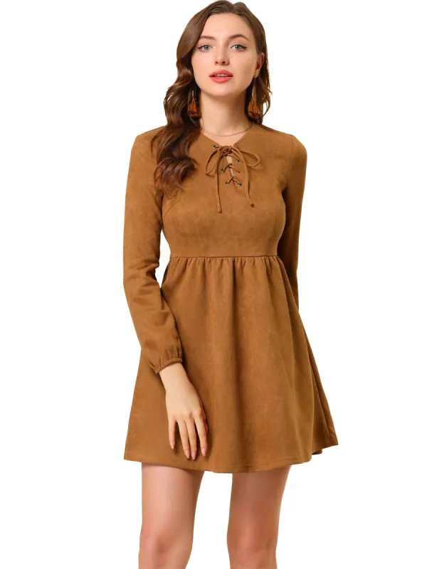 Women's Lace-Up V Neck Dresses Long Sleeve High Waist Faux Suede A-Line Mini Dress sold by Allegra K