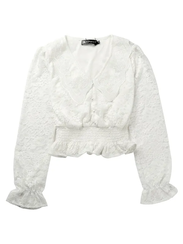 Women's Peter Pan Collar Ruffled Trim Semi-Sheer Smocked Waist Floral Lace Tops sold by Allegra K