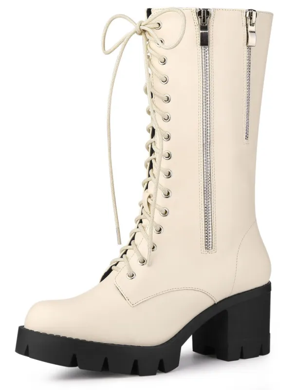 Women's Lace Up Platform Chunky Heel Mid Calf Boots made by Allegra K